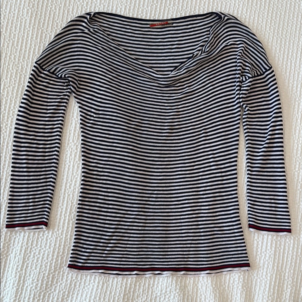 Prada Navy Blue and White 3/4 Sleeve Blouse